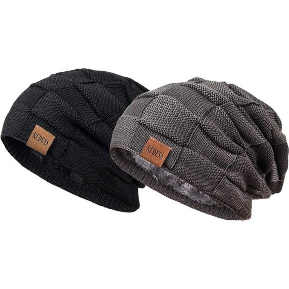 2 Pcs Unisex Winter Beanie Hat Knit Slouchy Thick Skull Cap, Black & Gray